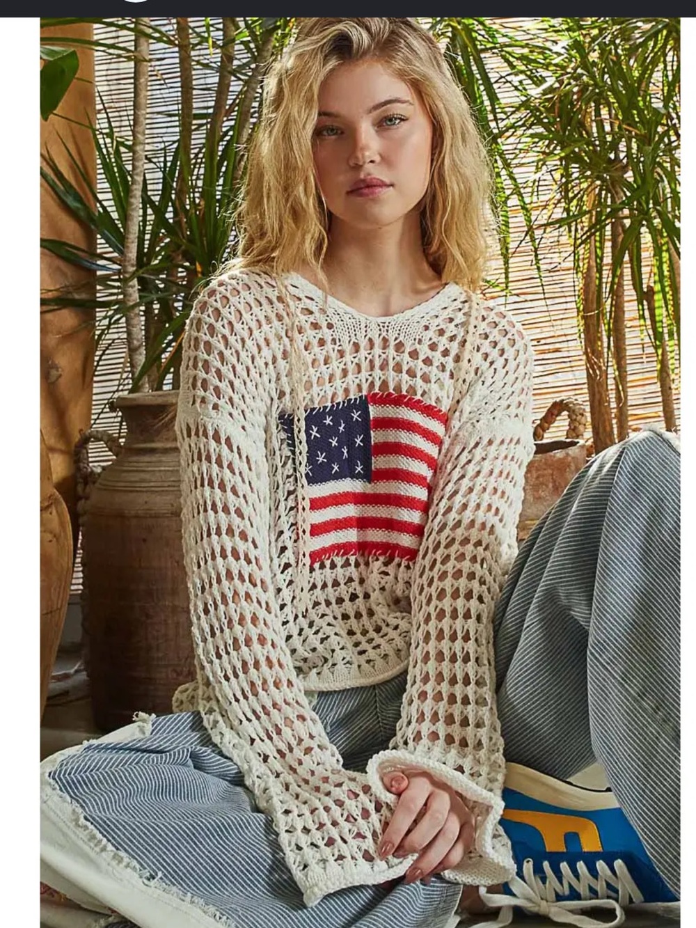POL Open Knit Hoodie Sweater American Flag Patch .